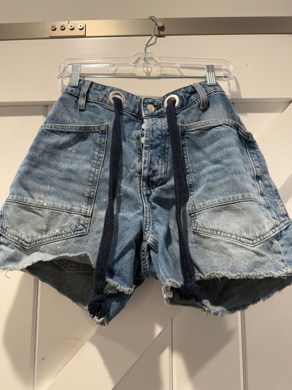 We The Free Light Blue High-Rise Denim Shorts with Navy Drawstring
